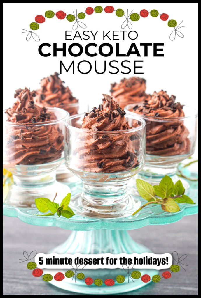 Blue glass cake stand keto chocolate mousse with text overlay.