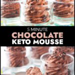 Blue glass cake stand keto chocolate mousse with text overlay.