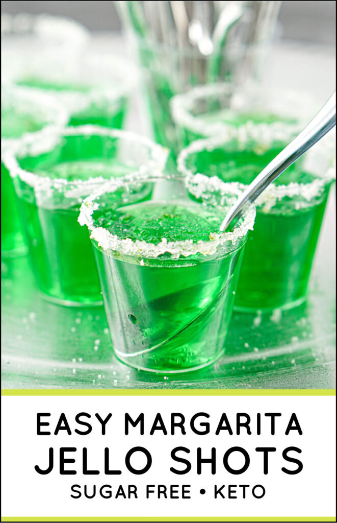 sugar free margarita jello shots in plastic cups with text