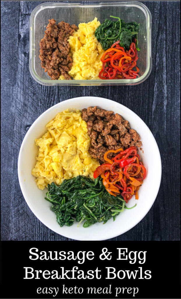 white bowls and glass container with keto breakfast bowls and text