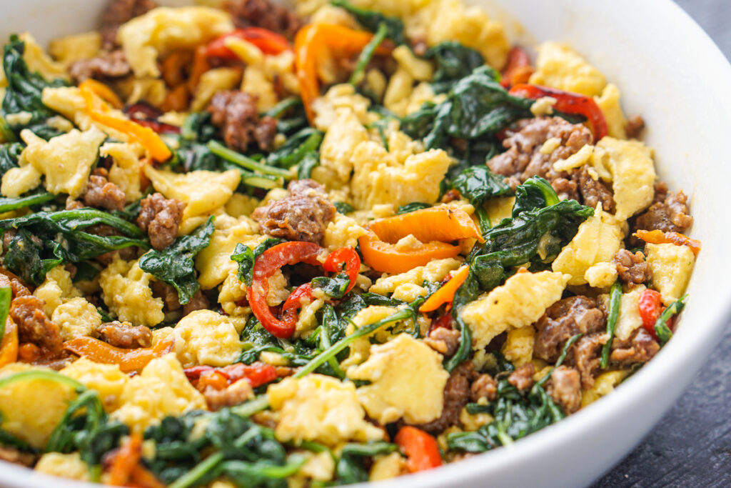 closeup of a low carb breakfast bowl with the ingredients mixed up