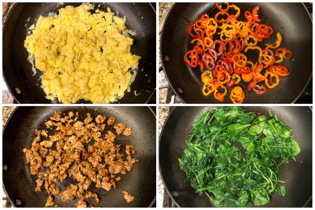 collage with pans of 4 ingredients to make keto breakfast bowls 
