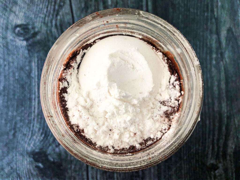 aerial view of sugar free chocolate milk before mixing