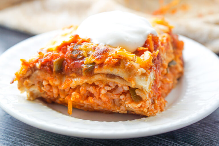 Easy Chicken Burrito Casserole Recipe using leftover rice and chicken!