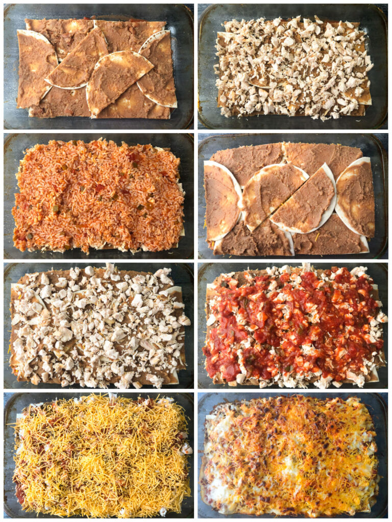collage of the different layers of chicken burrito casserole