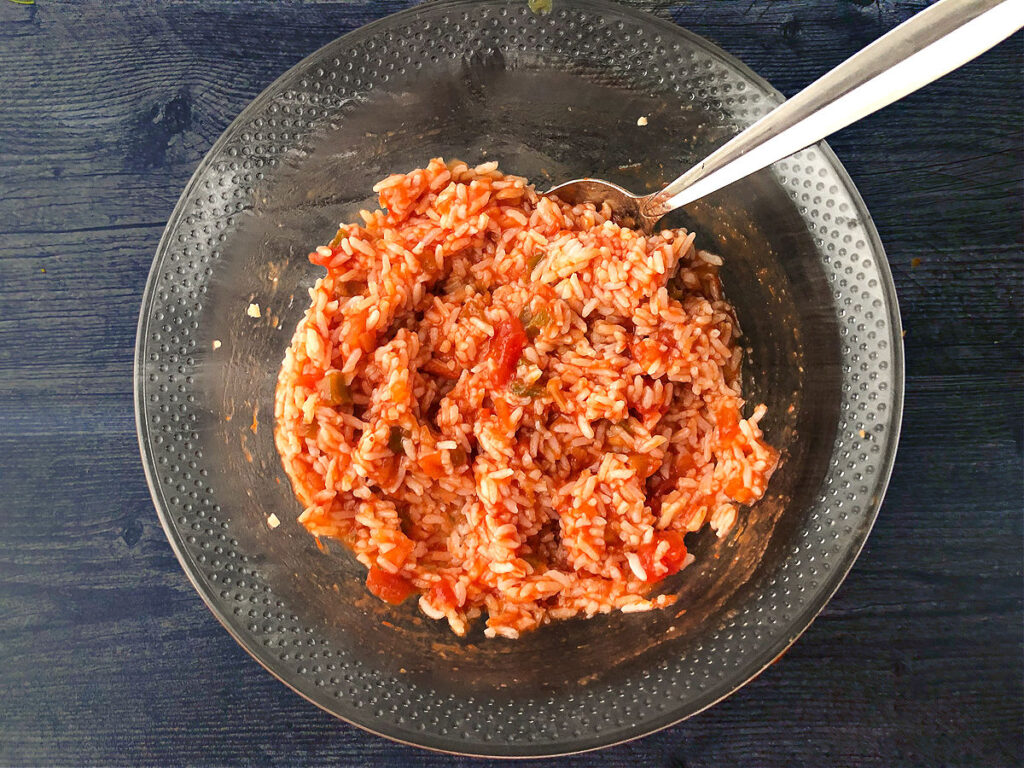 glass bowl with Mexican rice