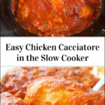 crock and bowl with chicken cacciatore and text