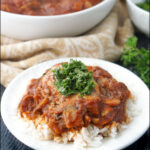 plate and bowl with chicken cacciatore and text