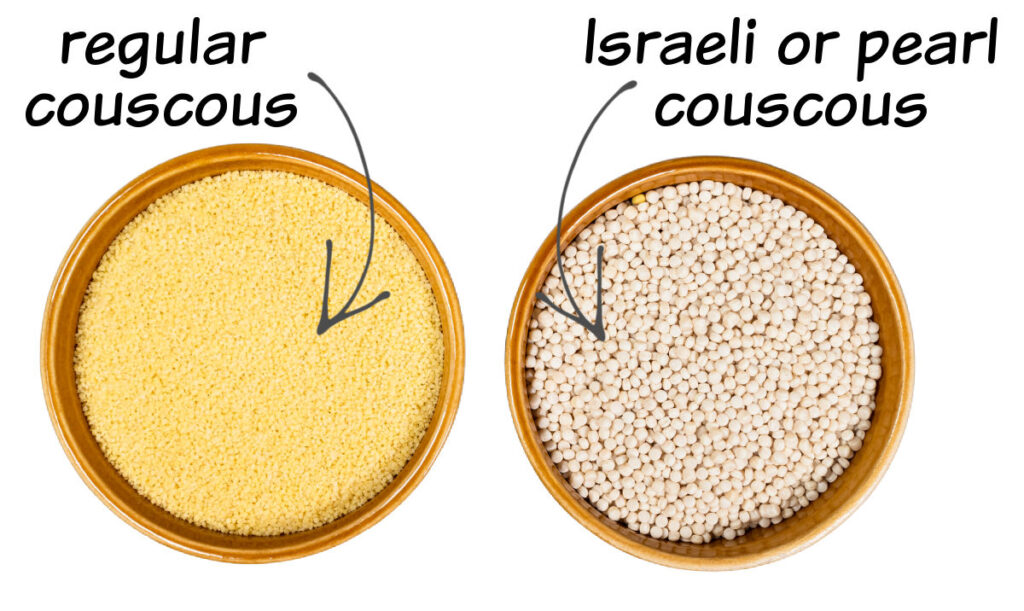 two brown bowls - 1 with regular couscous and another with pearl couscous and text