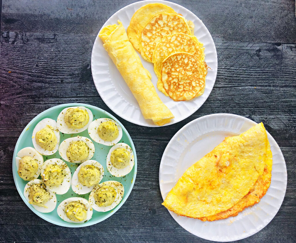 3 plates with egg recipes for egg fast