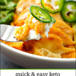 white bowl with keto chicken enchilada bowl and text
