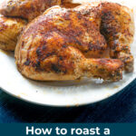 white platter with slow cooker roasted chopped chicken and text