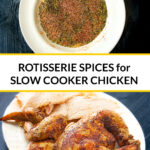 white platter with slow cooker roasted chopped chicken and spice blend and text