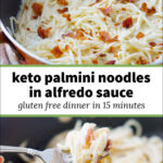 pan with keto palmini linguine Alfredo and text