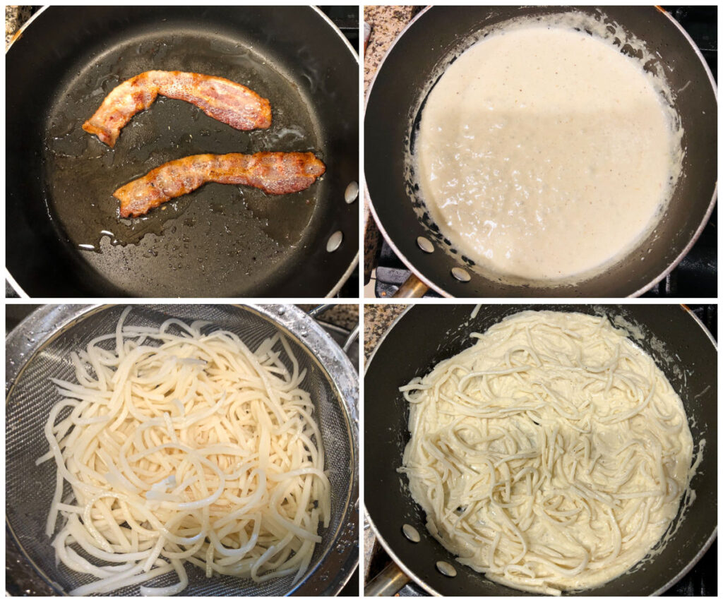collage of pictures showing how to make keto carbonara