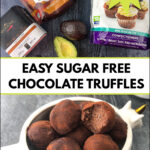 ingredients and white bowl with keto chocolate truffles and text