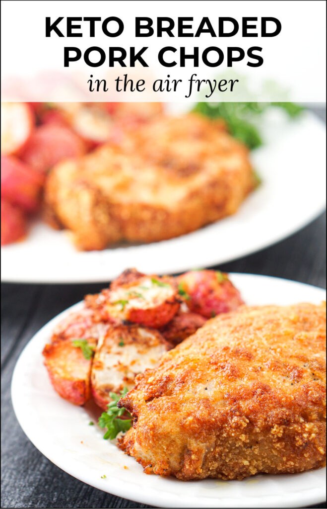 2 white plates with air fryer breaded pork chops and roasted radishes with text