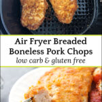 2 white plates with air fryer breaded pork chops and roasted radishes with text