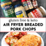 a white plate with air fryer breaded pork chop and ingredients with text