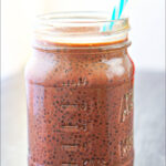mason jar with keto chocolate chia drink and text