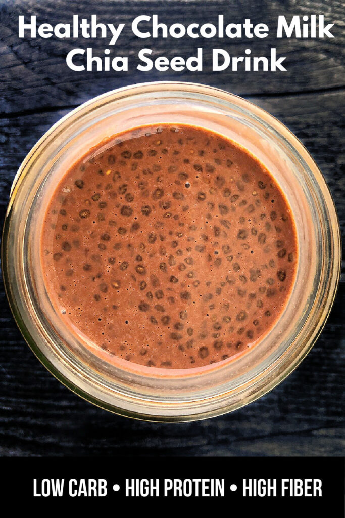 mason jar with keto chocolate chia drink and text