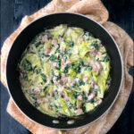skillet with creamy ham and cabbage with text