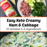 skillet with creamy ham and cabbage with ingredients and with text