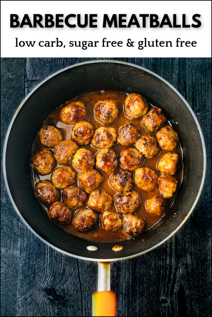 aerial view of a pan with keto bbq meatballs with text