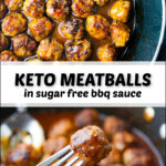 a fork and pan with keto bbq meatballs with text