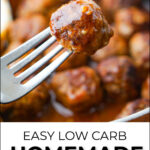 a fork with keto bbq meatballs with text