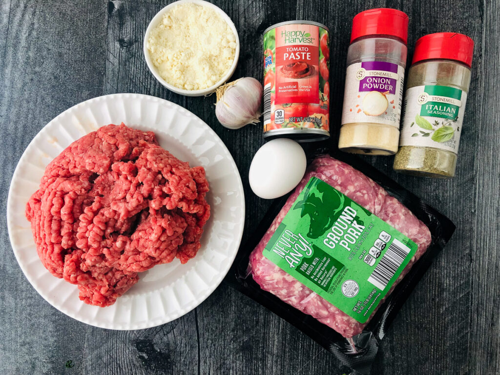 low carb meatball ingredients - ground beef and pork, tomato paste, egg, garlic, parmesan and spices