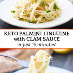 white plates with keto linguine with clam sauce with text