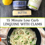 pan and ingredients with keto linguine with clam sauce with text
