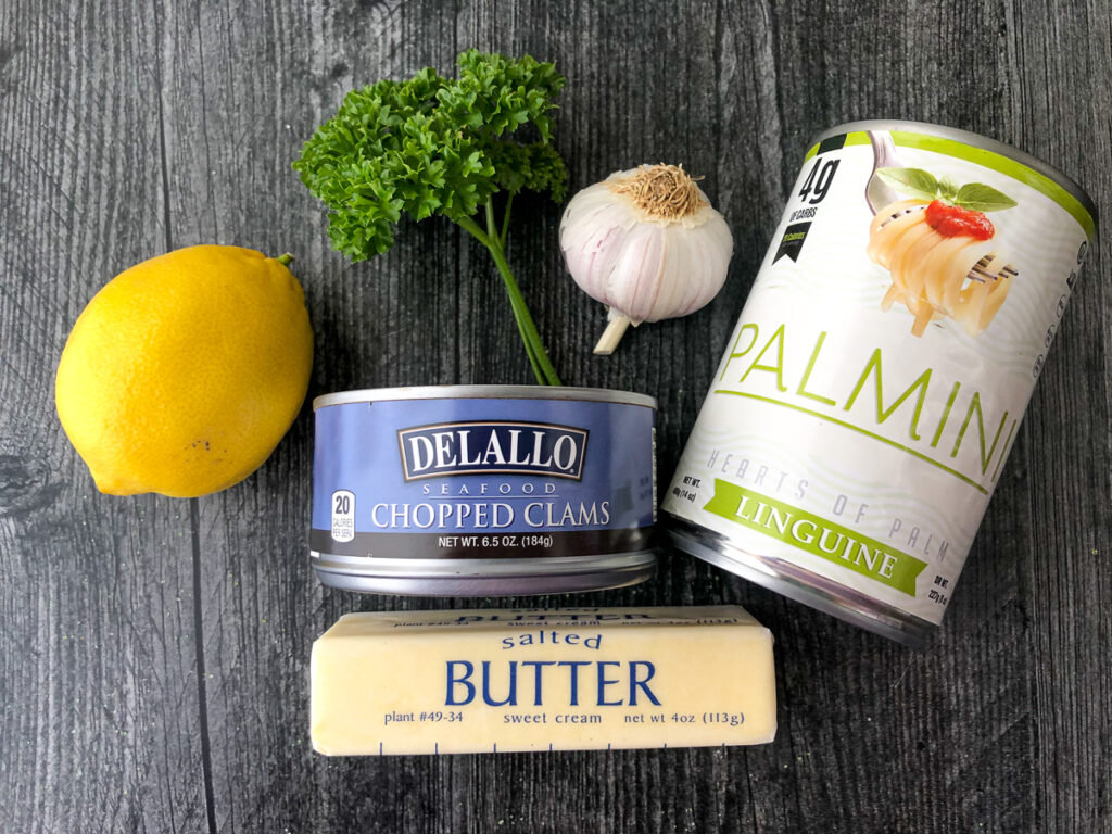 recipe ingredients - Palmini linguine, lemons, parsley, garlic, butter and canned clams