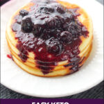 stack of keto cream cheese pancakes with blueberry sauce and text