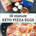 pan with keto pizza eggs and text
