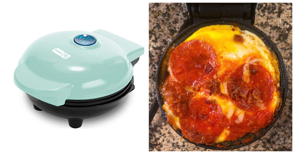 collage of mini griddle and pizza eggs made on it
