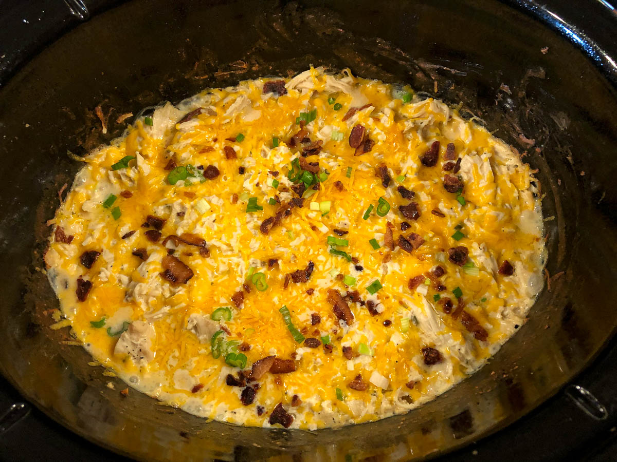 Finished keto chicken bacon ranch casserole in the slow cooker