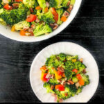 white bowl and plate with keto broccoli salad and text