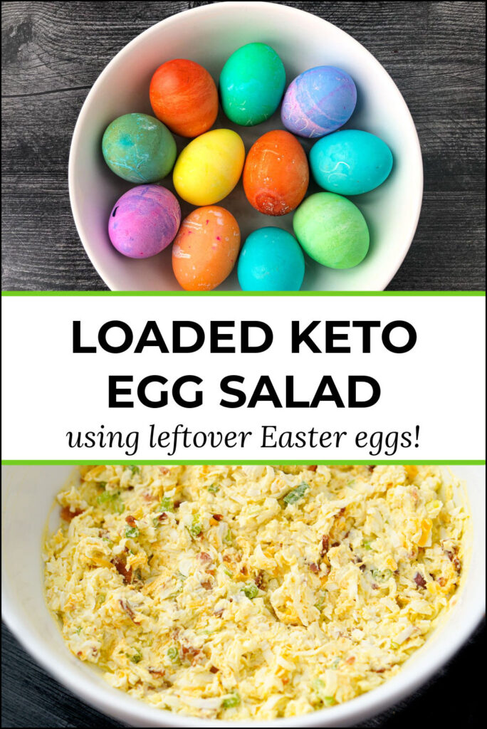 Easter eggs and white bowl with keto egg salad and crisp breads and text