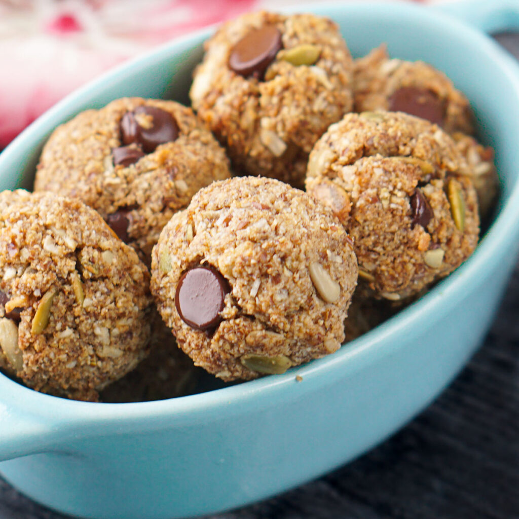 blue bowl with keto granola cookies