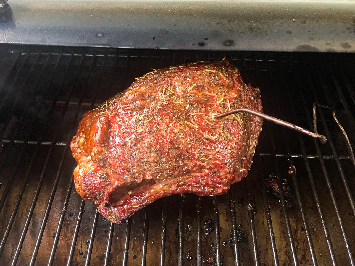 cooked rib roast on smoker