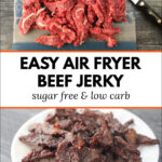 white plate with keto beef jerky made in air fryer with text