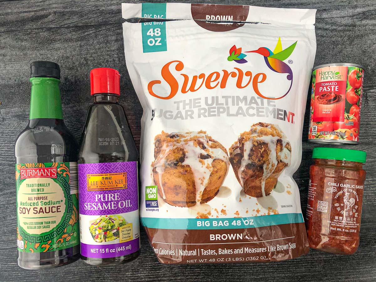 sugar free marinade ingredients - soy sauce, sesame sauce, Swerve brown sweetener, tomato paste, chili garlic sauce