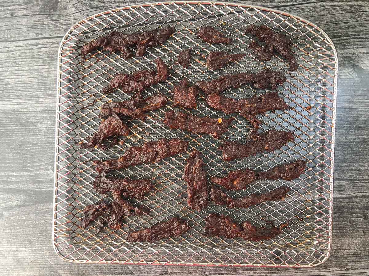 air fryer rack with cooked beef jerky