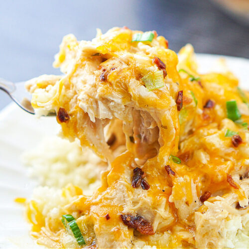 closeup of a forkful of the cheesy chicken ranch casserole