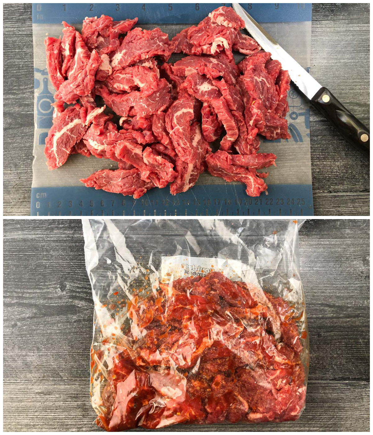 collage of pictures showing how to cut and marinate meat strips for jerky