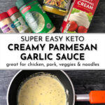creamy parmesan sauce in a pan and the ingredients with text