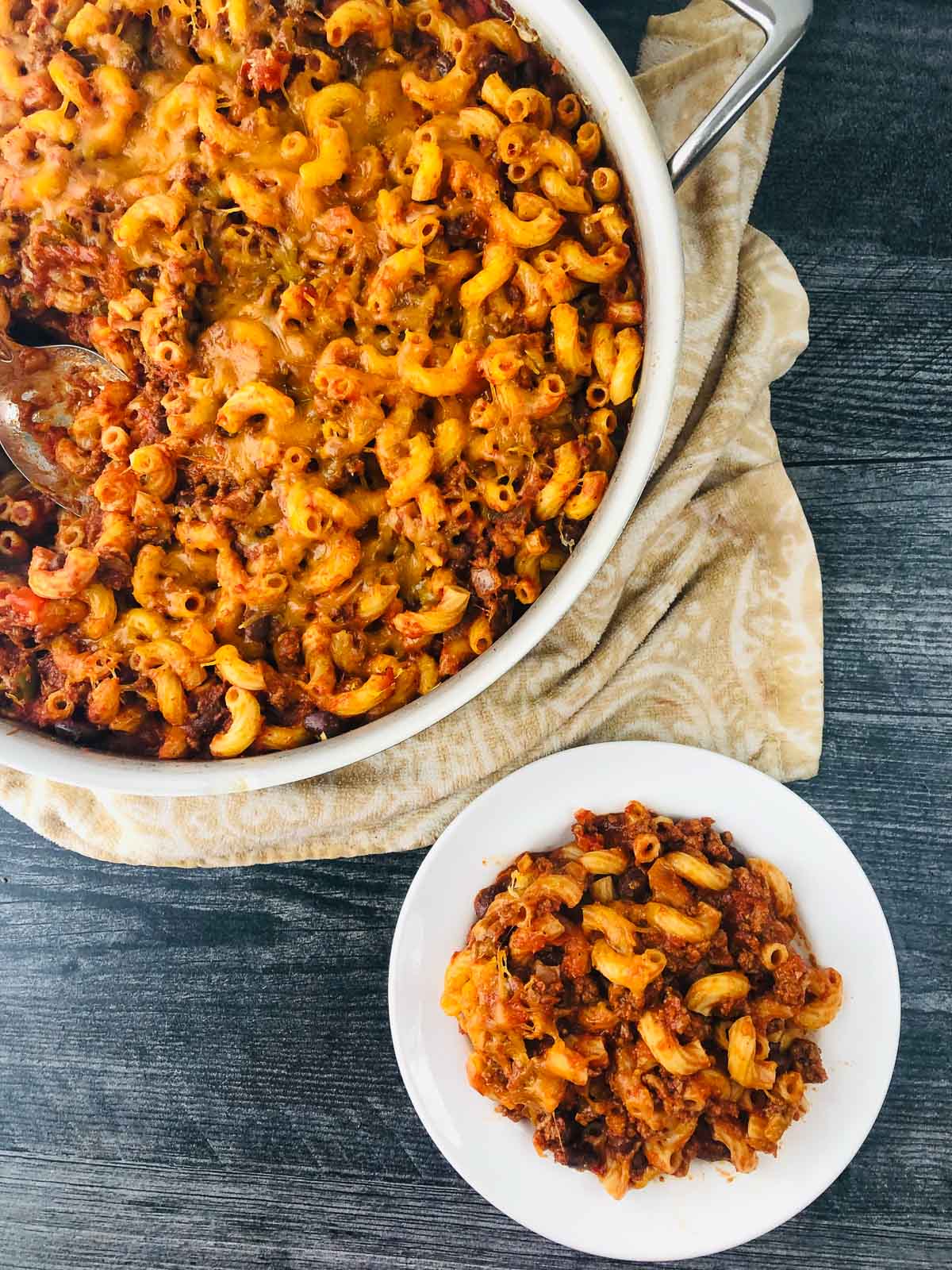 pan and plate with cheesy chili macaroni