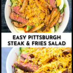 white bowl with a Pittsburgh steak salad using the air fryer and text